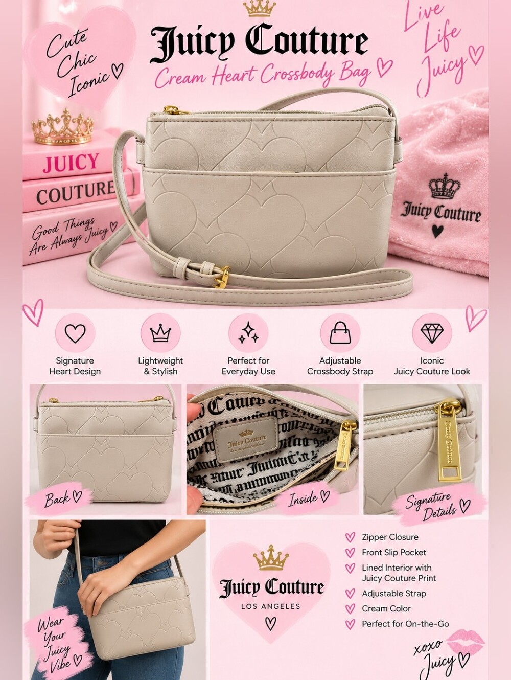 New! Juicy Couture Cream Heart Crossbody Bag